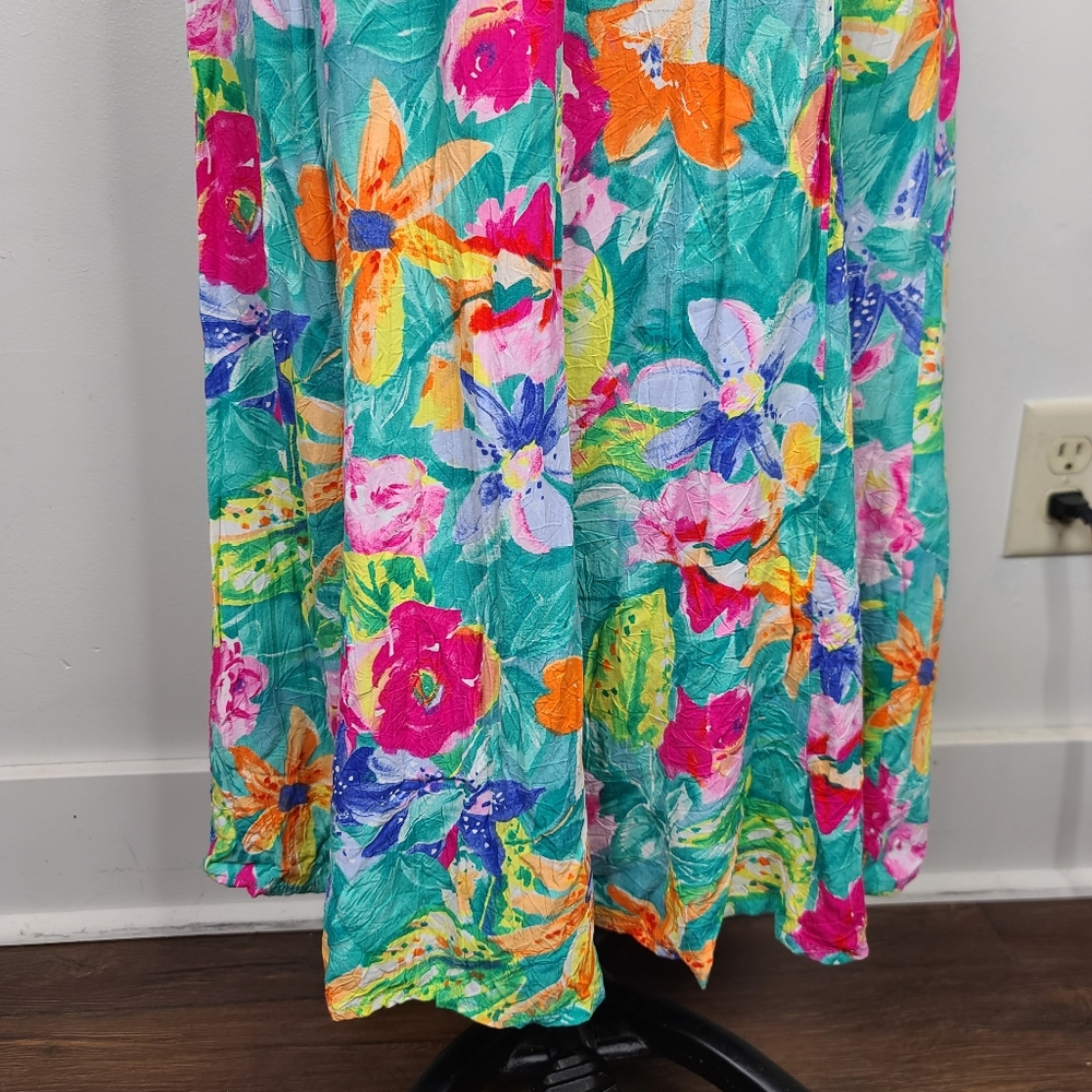 Vtg 80's/90's Jams World Bright Floral Tropical Print Back Tie Sash Midi Dress S - Picture 12 of 14